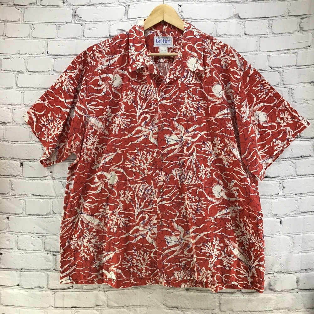 Kai Nani Vintage Hawaiian Shirt Red White Mens Sz 2XL
